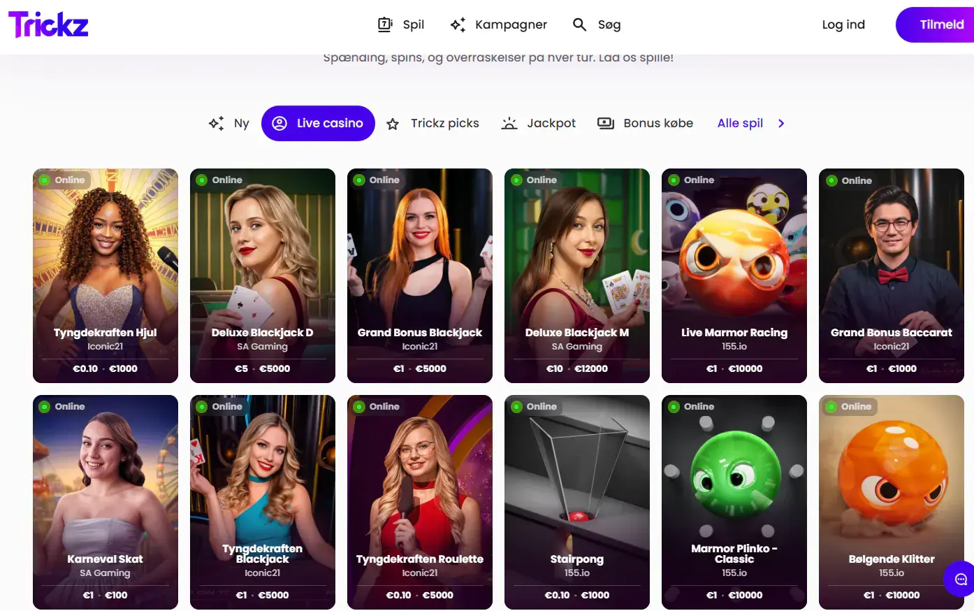 Live-casino-kategorien i Trickz-lobbyen